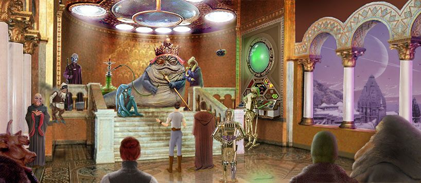 Artwork by Scott : Barrola the Great's throneroom, version 2, including Watto and 3PO.