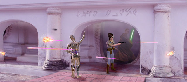 Artwork by Scott : Leia fends off their pursuers as 3PO anxiously translates the Huttese.