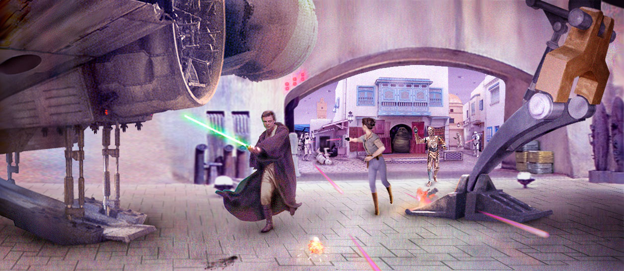 Luke, Leia, and Threepio are pursued by stormtroopers back to the Falcon. Created by Scott.