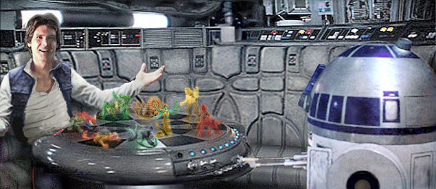 Han and Artoo go head-to-head over the Falcon's holochess table. Artwork by Scott.