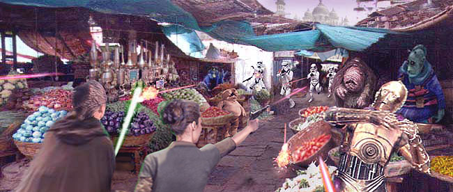 Luke, Leia, and Threepio under attack in a Nal Hutta street bazaar ! Artwork by Scott