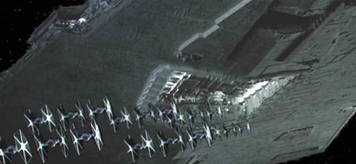 A Star Destroyer moves overhead and issues yet more wings of TIE fighters !