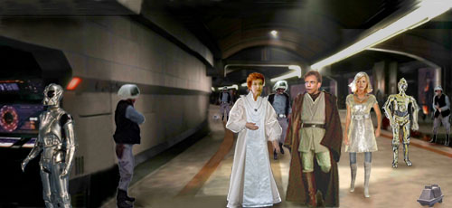 In this artwork by Nat, Luke and Mon Mothma, with Alana and Threepio following, discuss the latest turn of events.