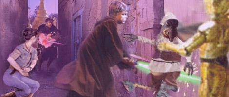 Artwork by Nat : Master Jedi Luke Skywalker deflects blaster fire back at the assassin, saving Watto's life.