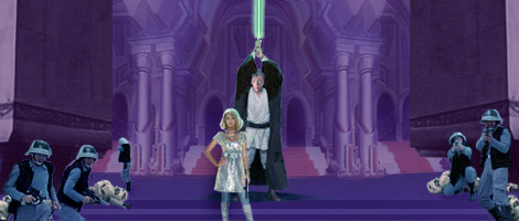 In his homage to the classic Star Wars poster, Nat shows Jedi Master Luke Skywalker raise his lightsabre triumphantly before the Imperial Palace, ahead of entering its dark interior.