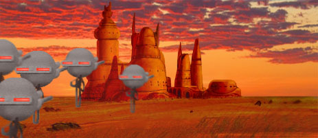 The Imperial gas droids ominously advance upon the Ondos capital city of Ton-Mumdo. Artwork by Scott and Nat.