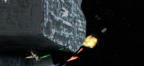 Wedge deftly leads two of the TIE fighters across the Star Destroyer's canon fire !