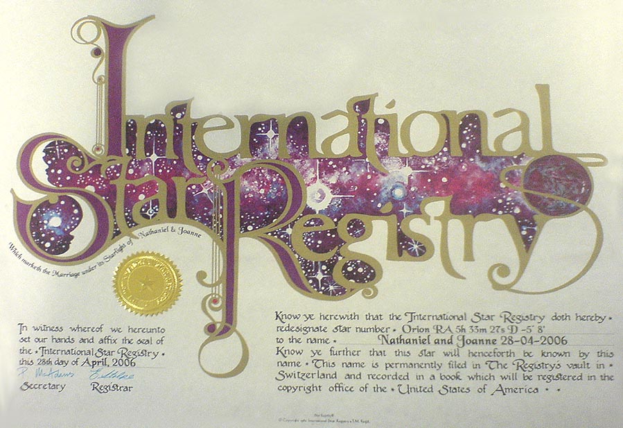 The certificate from the Internation Star Registry !