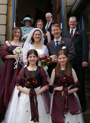 Jo, Nat, the bridesmaids, Mike the Bestman, and Jo's parents, Win and Alec