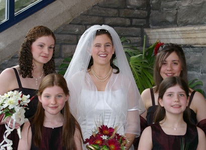 Joanne and the bridesmaids (Bethan and Rachel, Carys and Moli) just inside the Church
